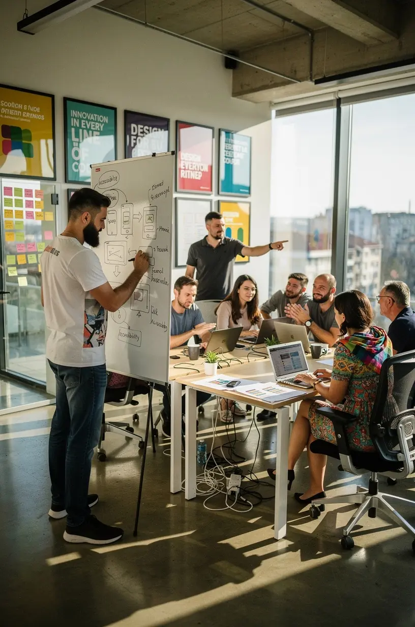 Fotografie cu utilizatori diverse interacționând cu un software accesibil pe dispozitive multiple.